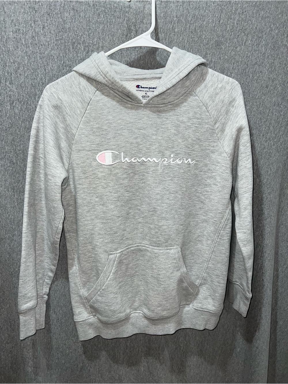 Champion Girls Pullover Hoodie‎ Gray Pink Logo Sweatshirt XL
